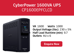 CyberPower 1600VA UPS (CP1600EPFCLCD) with 230V output, 1000W power, 9.7-minute half load runtime, and six AU outlets. Enquire Now button shown.