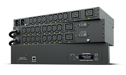 A black rack-mountable device with a front panel showing two rows of power outlets, two power inputs, and a small LCD screen with buttons. The outlets appear to be of the C13 and C19 type. The device is labelled "CyberPower Systems" and "PDU30SWHNET.