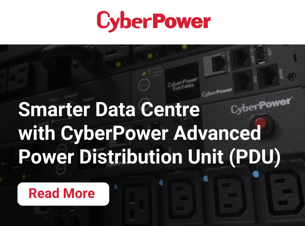 A data centre rack featuring multiple CyberPower Advanced Power Distribution Units (PDUs). The banner promotes "Smarter Data Centre Management" and includes a "Read More" button, targeting keywords such as CyberPower, PDU, power distribution unit, data centre, and management.