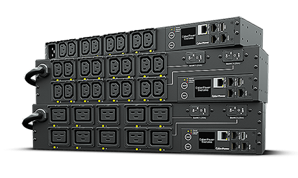 A stack of three black, rack-mountable power distribution units (PDUs). Each unit has multiple C13 and C19 outlets on the front. The top and middle units have network ports and an LCD screen with control buttons. The bottom unit has outlets and a label that reads "CyberPower Systems." The units are connected by power cords.
