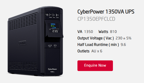 CyberPower 1350VA UPS (CP1350EPFCLCD) with 230V output, 810W power, 9.6-minute half load runtime, and six AU outlets. Enquire Now button shown.