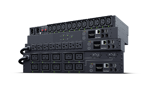 Close-up of a rack-mounted CyberPower Systems Power Distribution Unit (PDU) in a data centre. The advanced PDU features multiple electrical outlets with green and yellow LED indicator lights and digital displays showing power metrics like '6.50'. The CyberPower Systems branding is visible, emphasising reliable power management for IT infrastructure.