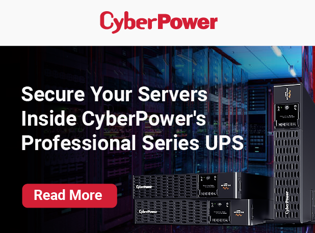 A close-up of three black CyberPower rackmount UPS units. The two horizontal units are stacked on top of the vertical unit, which is to their right. Above the units, the text reads: "Secure Your Server Room Inside CyberPower's Professional Rackmount UPS," and below that is a button with the text "Read More."
