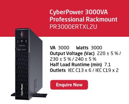 CyberPower 3000VA Professional Rackmount UPS with specs and Enquire Now button.