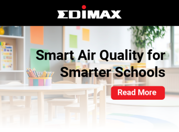 Edimax banner with classroom background promoting smart air quality solutions for schools, featuring the text ‘Smart Air Quality for Smarter Schools’ and a red ‘Read More’ button.