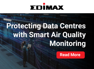 Edimax banner showing a technician monitoring servers in a data centre with digital network lines, featuring the headline ‘Protecting Data Centres with Smart Air Quality Monitoring’ and a red ‘Read More’ button.
