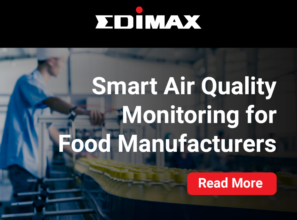 Banner showing Edimax logo and a background of a worker in a food manufacturing facility with bottles on a production line. Text reads: ‘Smart Air Quality Monitoring for Food Manufacturers’ and a red button labeled ‘Read More.