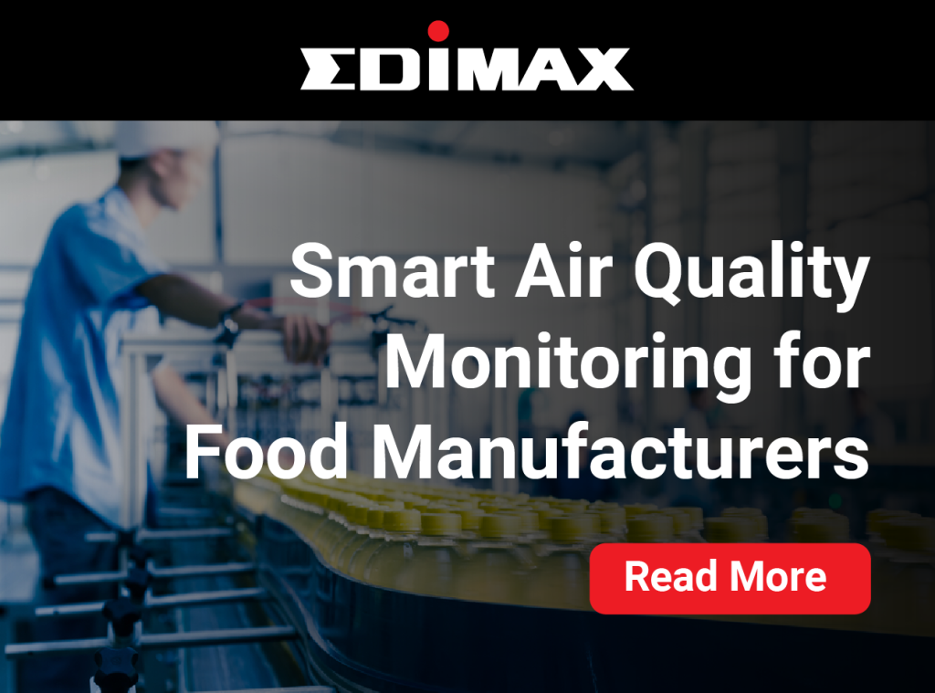 Banner showing Edimax logo and a background of a worker in a food manufacturing facility with bottles on a production line. Text reads: ‘Smart Air Quality Monitoring for Food Manufacturers’ and a red button labeled ‘Read More'