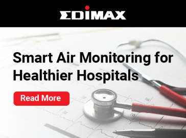 Edimax promotional banner featuring a stethoscope on a medical chart with the headline 'Smart Air Monitoring for Healthier Hospitals' and a red 'Read More' button.