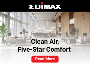 Modern hotel lobby with elegant seating area and large windows, promoting Edimax’s air quality solutions with the tagline ‘Clean Air, Five-Star Comfort’ and a red ‘Read More’ button