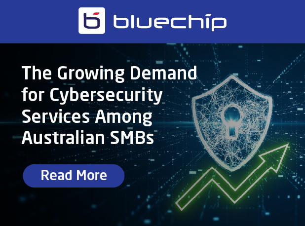 Bluechip banner with the headline “The Growing Demand for Cyber Security Services Among Australian SMBs.” The design features a glowing digital shield with a lock icon and an upward green arrow symbolizing growth, set against a dark technology-themed background.