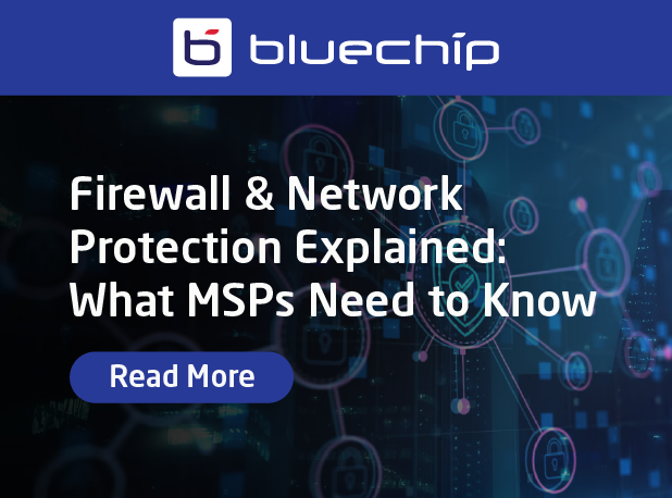 A promotional banner for an article titled "Firewall & Network Protection Explained: What MSPs Need to Know," aimed at Managed Service Providers (MSPs), with a "Read More" call to action on a blue background.