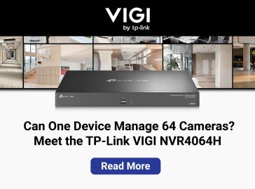 A promotional graphic for the TP-Link VIGI NVR4064H network video recorder. The text reads "Can One Device Manage 64 Cameras? Meet the TP-Link VIGI NVR4064H" with a "Read More" button at the bottom.
