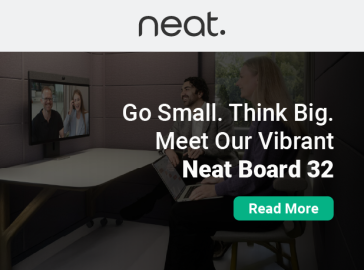 An advertisement for the Neat Board 32, featuring the text "Go Small. Think Big" and "Meet Our Vibrant Neat Board 32" above a "Read More" button