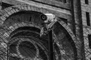 Outdoor CCTV camera in low-light conditions.