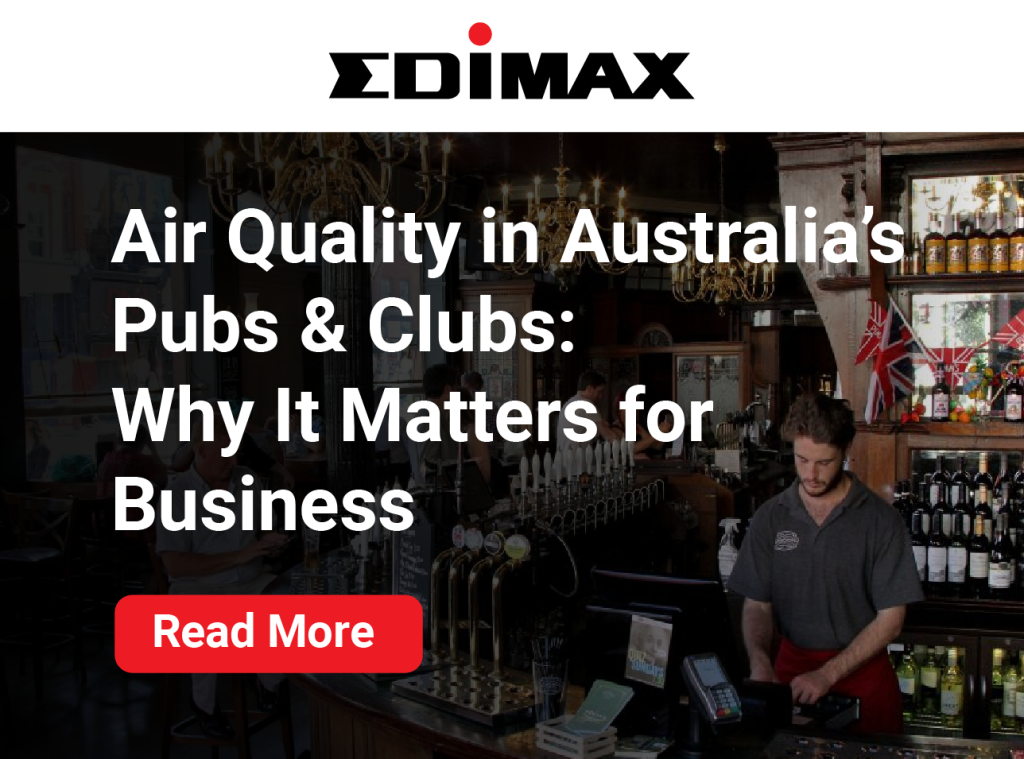 Banner image with the Edimax logo and the headline “Air Quality in Australia’s Pubs & Clubs: Why It Matters for Business.” Background shows a bartender working behind a bar with beer taps and bottles, representing a pub environment. A red “Read More” button appears at the b