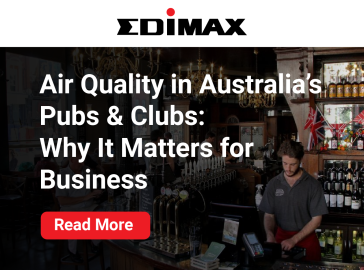 Banner image with the Edimax logo and the headline “Air Quality in Australia’s Pubs & Clubs: Why It Matters for Business.” Background shows a bartender working behind a bar with beer taps and bottles, representing a pub environment. A red “Read More” button appears at the b