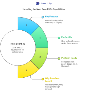 Infographic showing Neat Board 32 features and benefits.