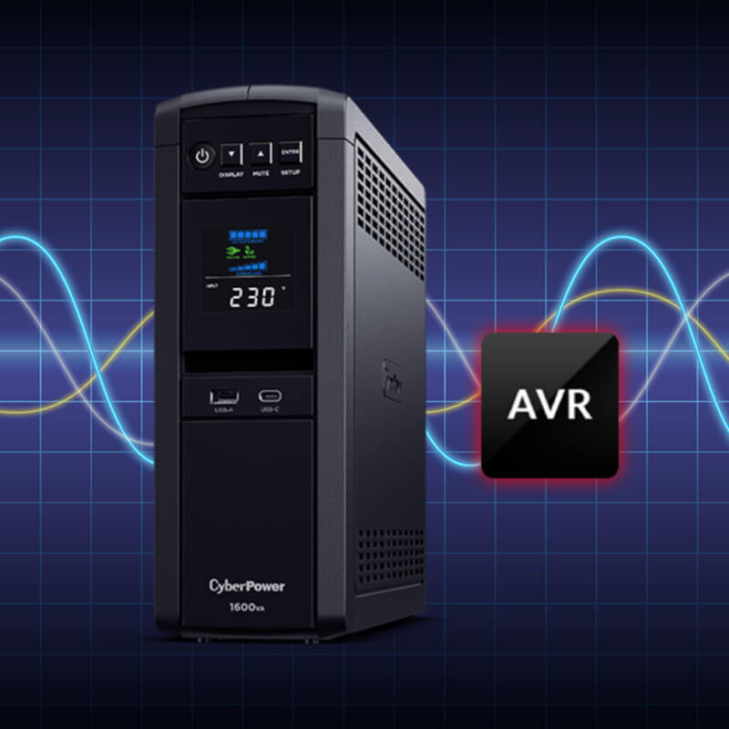 CyberPower UPS LCD screen close-up.