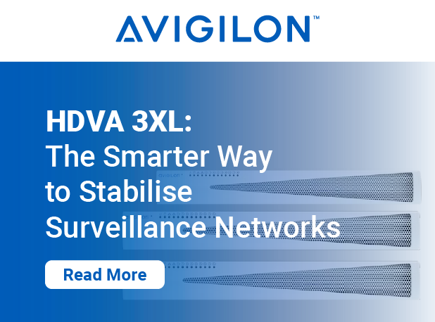 Banner graphic featuring the Avigilon logo at the top. Below it, text reads ‘HDVA 3XL: The Smarter Way to Stabilise Surveillance Networks.’ Three Avigilon HDVA 3XL devices are shown horizontally in the background. A blue button at the bottom says ‘Read More.’