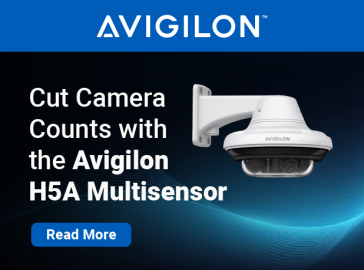 A promotional graphic for the Avigilon H5A Multisensor camera, featuring the Avigilon logo and the text "Cut Camera Counts with the Avigilon H5A Multisensor" alongside a "Read More" button.
