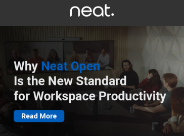 Office team sitting around a conference table in a modern meeting room with a large video wall displaying remote participants. Text overlay reads: ‘Why Neat Open Is the New Standard for Workspace Productivity’ with a blue ‘Read More’ button below.