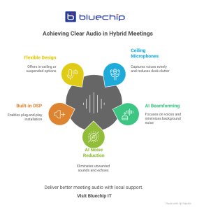 Infographic showing how ceiling microphones improve audio quality in hybrid video conferencing rooms.