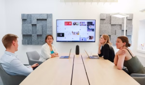 In-room meeting highlighting the need for clear audio in video conferencing.