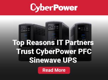 Banner featuring three CyberPower PFC Sinewave UPS units with the headline ‘Top Reasons IT Partners Trust CyberPower PFC Sinewave UPS’ and a red ‘Read More’ button, set against a red and black gradient background with the CyberPower logo at the top.