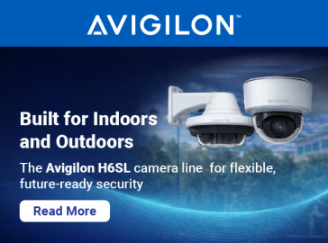 Promotional graphic for Avigilon H6SL cameras showing two dome security cameras with the headline “Built for Indoors and Outdoors” and a “Read More” button on a blue background.