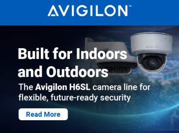 Avigilon promotional banner showing H6SL security cameras for indoor and outdoor use, with the headline “Built for Indoors and Outdoors” and a “Read More” call-to-action on a blue background