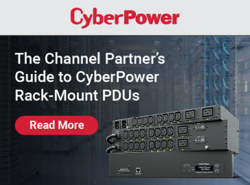 A CyberPower rack-mount PDU with the text "The Channel Partner's Guide to CyberPower Rack-Mount PDUs" and a "Read More" button.