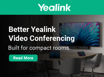 Promotional graphic for Yealink video conferencing. The top banner is green with the Yealink logo. Below, text reads ‘Better Yealink Video Conferencing – Built for compact rooms.’ A ‘Read More’ button is displayed. The background shows a modern conference room with a large wall-mounted display, conference table, chairs, and Yealink devices on the table.