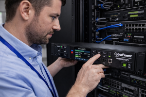A technician standing in front of a server rack adjusts a CyberPower switched automatic transfer switch (ATS), pressing buttons on the front control panel while network cables and rack-mounted equipment are visible in the background.