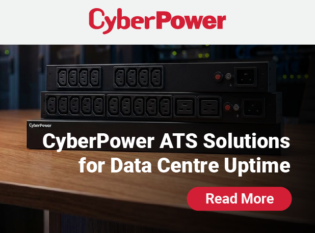 CyberPower ATS units on a data centre rack, highlighting automatic transfer switch solutions for power redundancy and uptime.