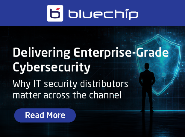Bluechip banner promoting enterprise-grade cybersecurity, featuring a silhouetted person facing a digital shield graphic with the headline “Delivering Enterprise-Grade Cybersecurity” and a “Read More” button.