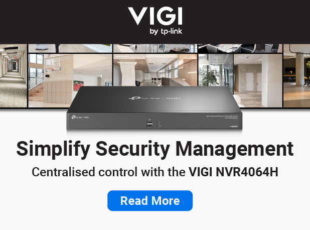 VIGI by TP-Link NVR security recorder displayed with modern interior surveillance scenes and headline reading ‘Simplify Security Management – Centralised control with the VIGI NVR4064H,’ featuring a Read More button.