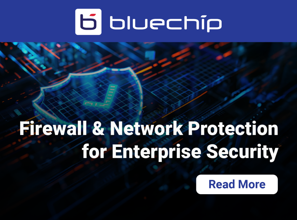 A promotional banner for "bluechip" featuring a glowing digital shield with a checkmark on a high-tech circuit background. Centered text reads: "Firewall & Network Protection for Enterprise Security," with a "Read More" button in the corner.