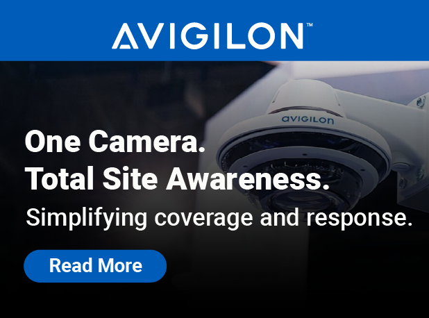 Avigilon security camera promotional graphic with tagline about complete site awareness and simplified security.
