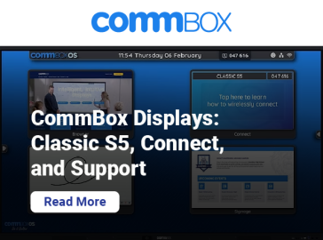 CommBox promotional banner showing the CommBox logo and interface screens highlighting CommBox Displays, including the Classic S5 and CommBox Connect, with a “Read More” call-to-action.