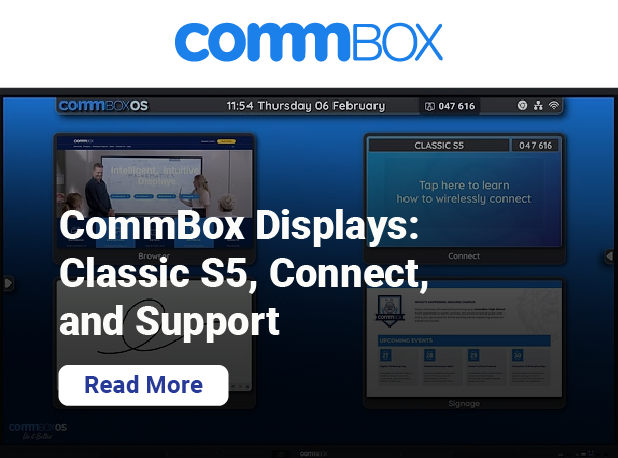 CommBox promotional banner showing the CommBox logo and interface screens highlighting CommBox Displays, including the Classic S5 and CommBox Connect, with a “Read More” call-to-action.