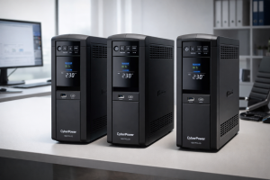 CyberPower PFC Sinewave UPS units on an office desk