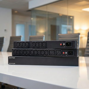 CyberPower automatic transfer switch on an office desk.