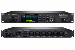 Front and rear views of a CyberPower switched automatic transfer switch (ATS), showing the LCD status display, control buttons, network ports, dual power inputs, and multiple controlled outlets.