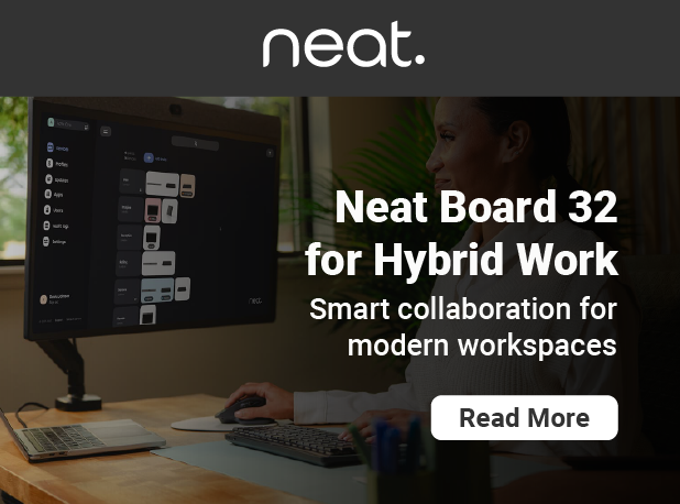 Neat Board 32 displayed in a modern workspace, with a professional using the touchscreen for collaboration; headline reads “Why Neat Board 32 Is Perfect for Australian Hybrid Workspaces” with a Read More button.