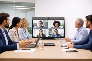 Neat Board 32 supporting hybrid meetings in a modern boardroom