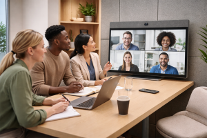 Neat Board 32 used in a small huddle room for hybrid collaboration