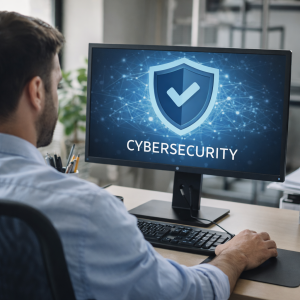 Office worker monitoring cybersecurity on computer.