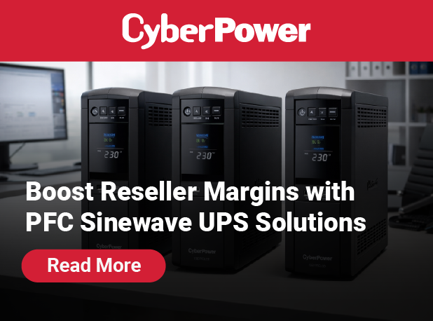 An image featuring three CyberPower PFC Sinewave Uninterruptible Power Supply (UPS) units on a desk in an office setting. The CyberPower logo is at the top on a red background. Bold white text in the center reads "Boost Reseller Margins with PFC Sinewave UPS Solutions." A red "Read More" button is located at the bottom left