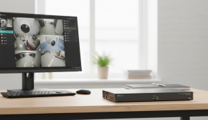 VIGI NVR4064H network video recorder on an office desk.